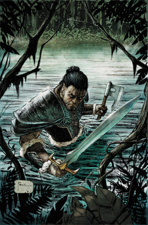 A man holding sword and shield stands waist deep in a river in a tangled forest, glaring up at the viewer.