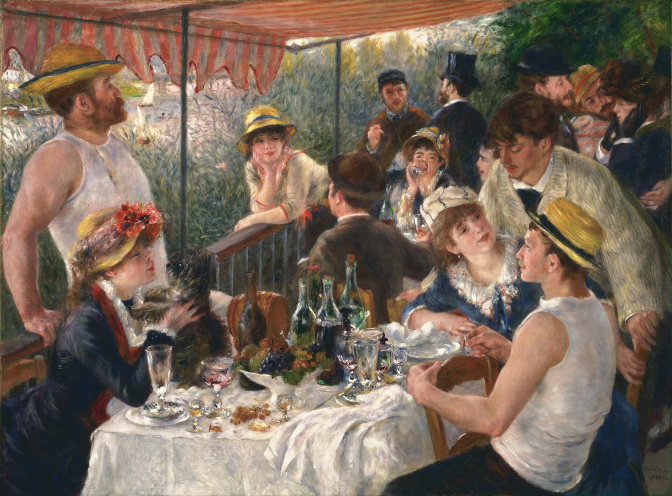 Painting: impressionist oil painting showing a casual and semi-chaotic lunch scene. Bright yellow boater hats and white tops are in evidence. People are mingling and chatting.